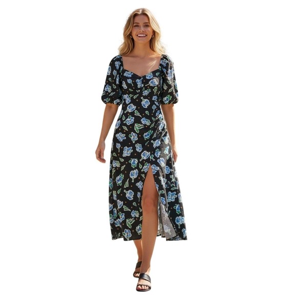 Mello Day Dresses & Skirts - NWT Mello Day Cottagecore Black Floral Smocked Back Maxi Dress Puff Slve Slit S